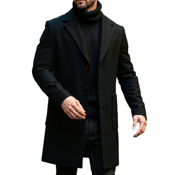 successthop Wool Blend Coat Men Notched Lapel Jackets with Pockets Single Breasted Trendy Clothes Solid Trench Black XL