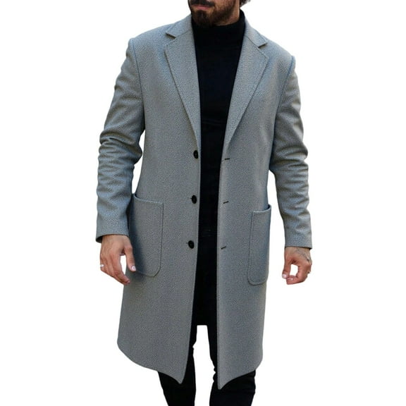 successthop Wool Blend Coat Men Notched Lapel Jackets with Pockets Single Breasted Trendy Clothes Solid Trench Gray S