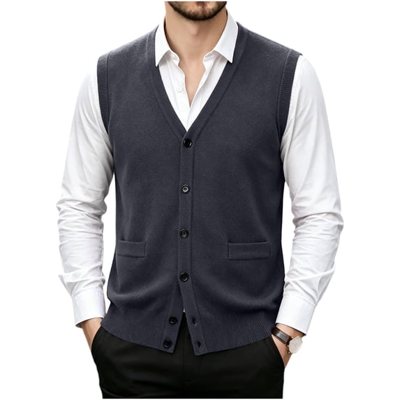 successthop Wool Sweaters for Men Cardigan Sleeveless V Neck Tops Button Up Knitwear Light Solid Fall Casual Clothes