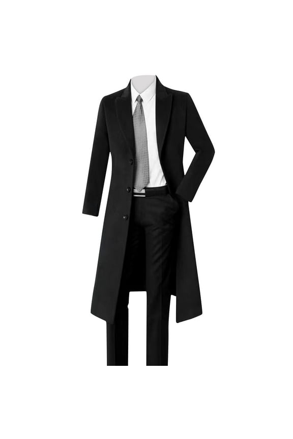 Wool Trench Coat Single Breasted Men Notched Lapel Causal Clothes Solid Stylish Outwear Black 3XL