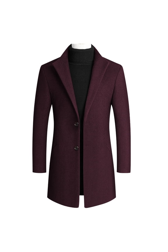 Wool Trench Coat Single Breasted Men Notched Lapel Outwear with Pockets Stylish Clothes Solid Jacket Red L