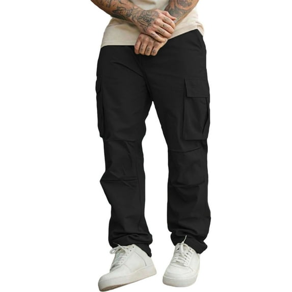 successthop Work Cargo Pants for Men with Pockets Zipper Button Streetwear Solid Heavyweight Outdoor Trousers Black M