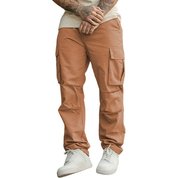 successthop Work Cargo Pants for Men with Pockets Zipper Button Streetwear Solid Heavyweight Outdoor Trousers Orange XL