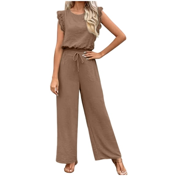 successthop Work from Home Outfits Women Two Piece Cap Sleeve Top High Waist Wide Leg Pantsuit Office Business Clothes S