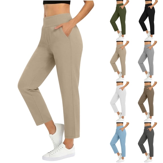 successthop Yoga Pants for Women with Pockets Elastic Waisted Pant Gym Straight Trousers Solid Strecth Slacks Beige XL