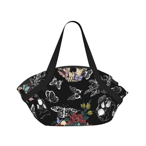 sugar skull Circular Beach Blanket Picnic Mat for 2 – Foldable into Tote Bag, Waterproof Sandproof Portable Outdoor Rug with Pockets & Snaps for Camping, Travel, Park