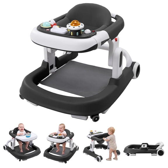 suihuooo 5-in-1 Baby Walker with Wheels,One-Step Fold,3 Adjustable Heights, Detachable Seat,Rocker Bouncer for Boys Girls 6-18 Month,Black