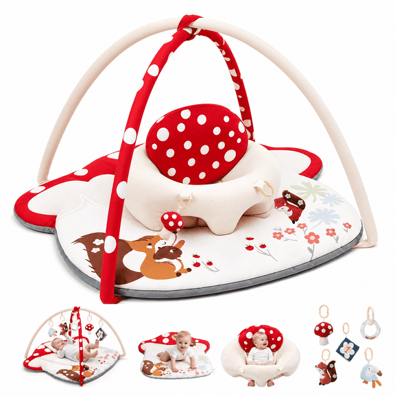 suihuooo Baby Gym Play Mat,Sitting-up Babies Seats for Infants,with 5 Detachable Toys,Activity Tummy Time Playmats for Newborn Gifts 0-18 Months,Red