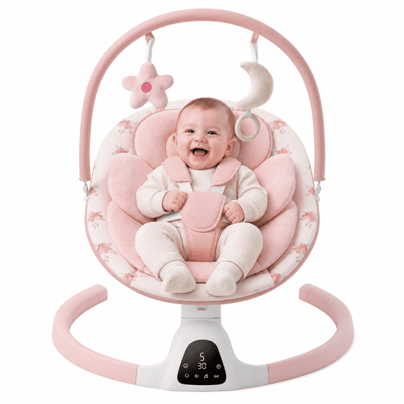 suihuooo Baby Swing for Infants,5 Speeds,10 Lullabies,5-Point Harness,Electric Rocking Chair for Toddlers with Bluetooth,Remote Control,Touch Panel,Pink Flowers