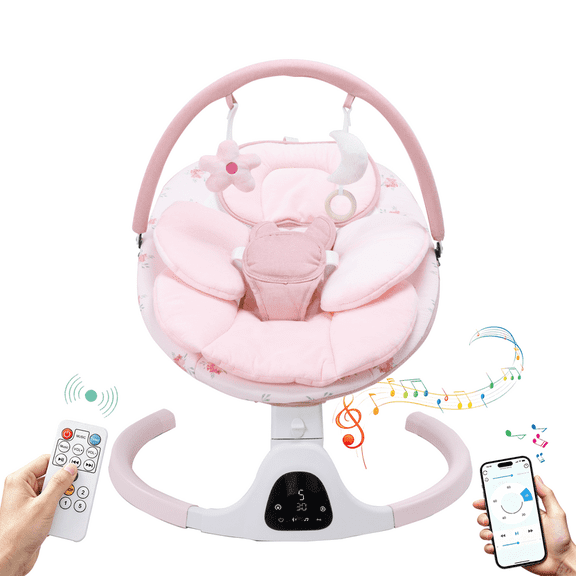 suihuooo Baby Swing for Infants,5 Speeds,10 Lullabies,5-Point Harness,Electric Rocking Chair for Toddlers with Bluetooth,Remote Control,Touch Panel,Pink Flowers