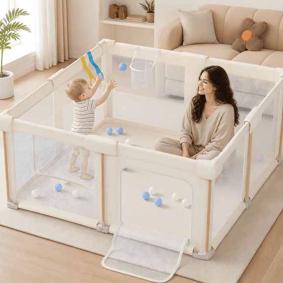 suihuooo 59''×71'' Foldable Baby Playpen with 50 Ocean Balls,Collapsible Play Pen for Infants and Toddlers,White