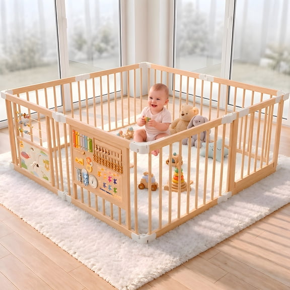 suihuooo Foldable Wooden Baby Playpen Playard, Wooden Foldable Baby Play Yard for Toddlers,Portable Foldable Playpen,63"x63"x24"