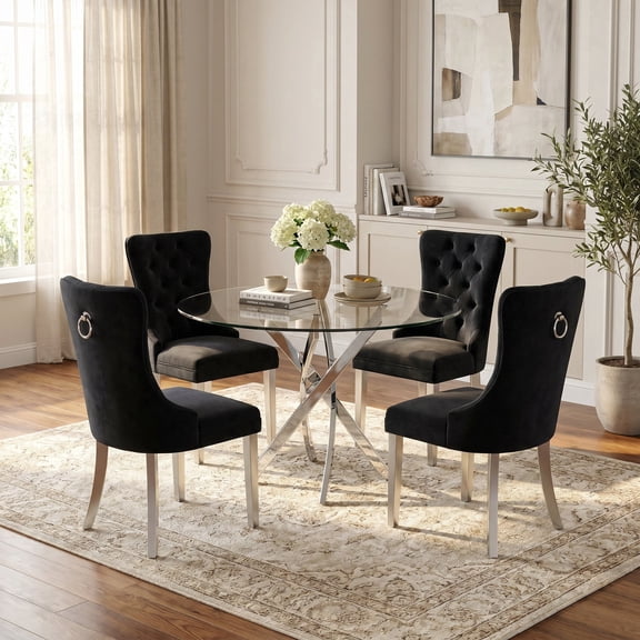 Sumdeal 47" Modern Round Clear Glass Dining Table Set for 4, Chrome Silver Table & 4 Black Velvet Dining Chairs with Brushed Silver Legs