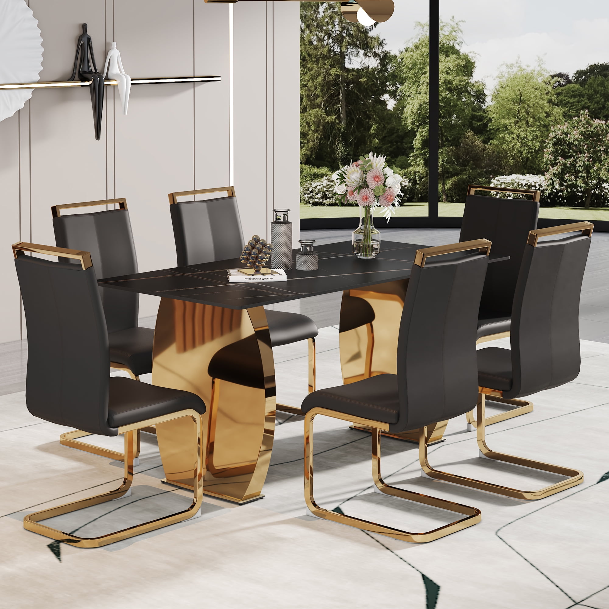 sumdeal 63" Luxury Black Sintered Stone Dining Table Room Sets for 4-6,Modern Dining Table and ...