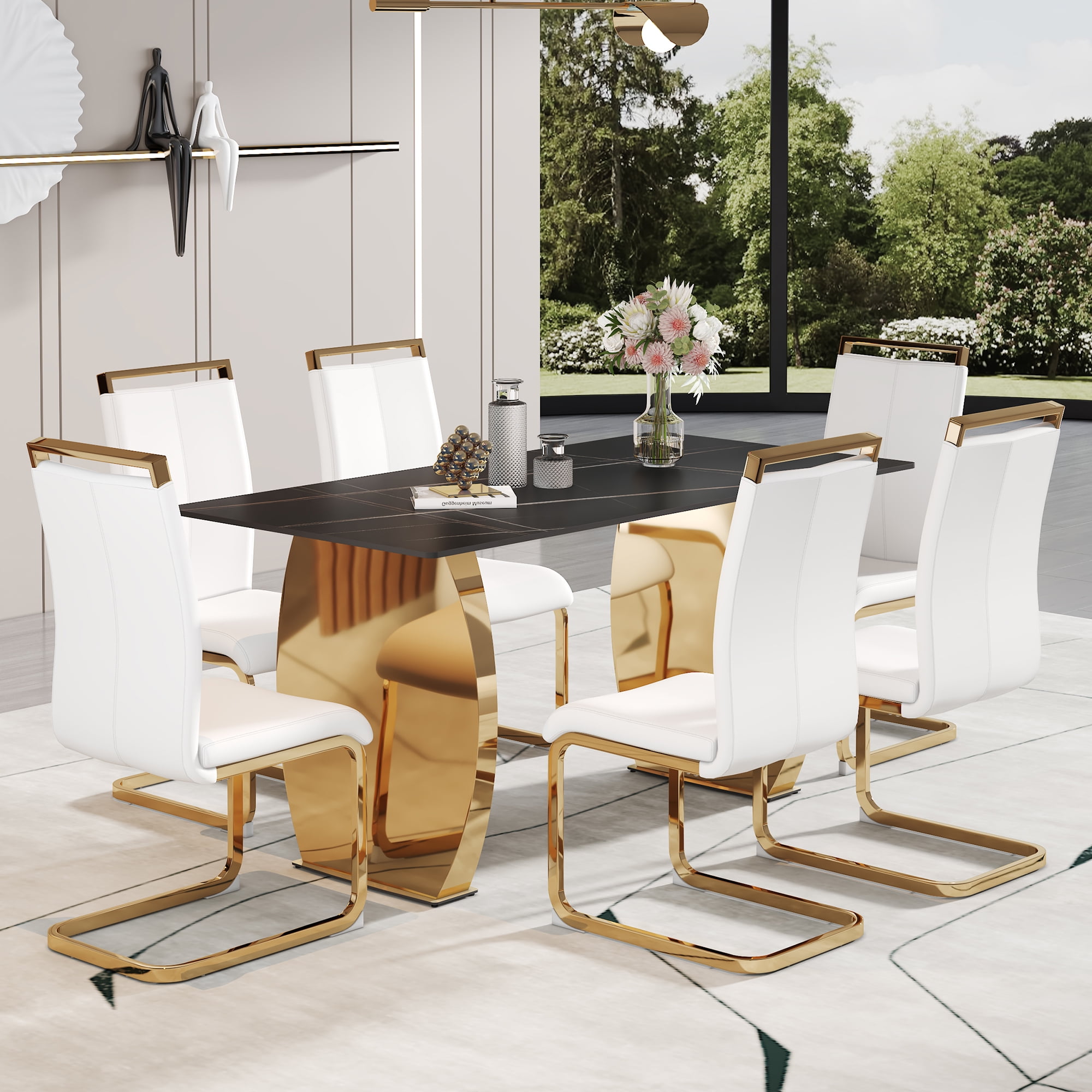 sumdeal 63" Luxury Black Sintered Stone Dining Table Room Sets for 4-6,Modern Dining Table and ...