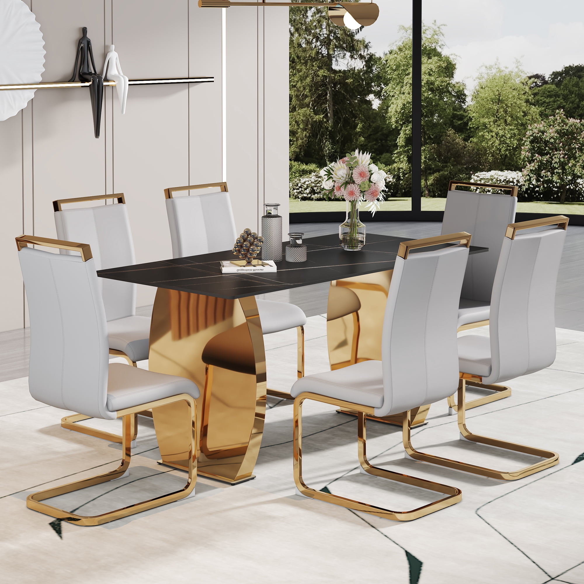 sumdeal 63" Luxury Black Sintered Stone Dining Table Room Sets for 4-6 ...