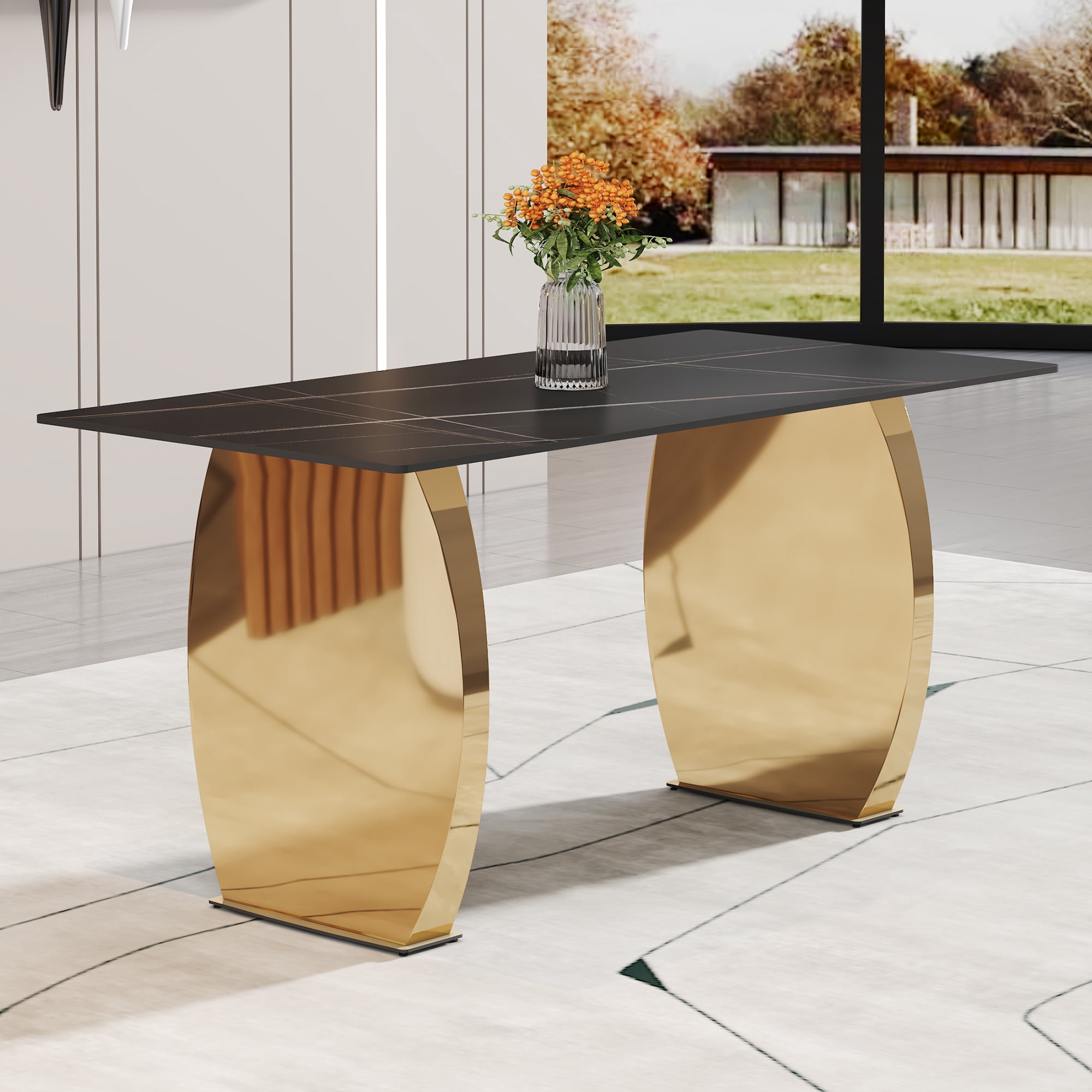 sumdeal 63" Luxury Black Sintered Stone Dining Table Room Sets for 4-6 ...