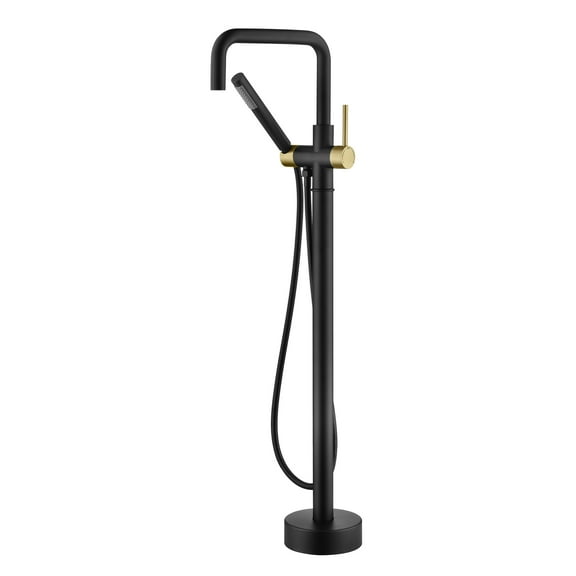 sumerain Floor Mount Tub Filler Faucet with Hand Shower, Brass Black and Gold High Flow Freestanding Bathtub Faucet Single Handle