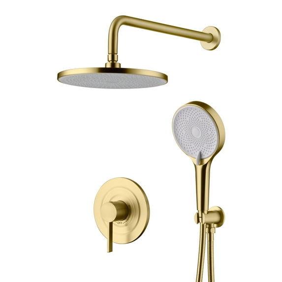 Sumerain Shower System with 10 Inch Shower Head and 3 Settings Handheld Spray, Rainfall Shower Fixtures Brushed Gold Finish, Included Brass Rough-in Valve