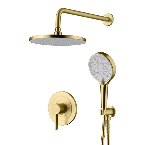 sumerain Shower System with10 Inch Shower Head and 3 Settings Handheld Spray, Rainfall Shower Fixtures Brushed Gold Finish, Included Brass Rough-in Valve