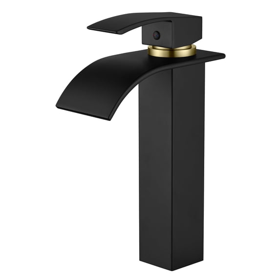 sumerain Waterfall Vessel Sink Faucet, Lead-free Stainless Steel Single Hole Modern Tall Bathroom Faucet Black and Gold
