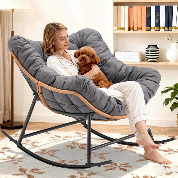 summer,autumn,Oversized Wicker Rocking Chair indoor Outdoor, 450 LBS Heavy Duty PatioPapasan Egg Chair with Cushion, E-Coated Frame Lounge Rocker for Balcony Porch Garden LivingRoom, Grey,beige,black