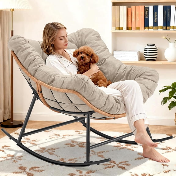 summer,autumn,Oversized Wicker Rocking Chair indoor Outdoor, 450 LBS Heavy Duty PatioPapasan Egg Chair with Cushion, E-Coated Frame Lounge Rocker for Balcony Porch Garden LivingRoom, Grey,beige,black