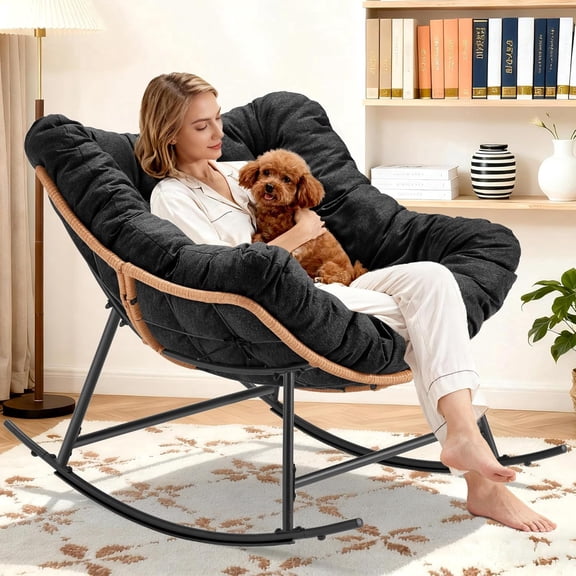 summer,autumn,Oversized Wicker Rocking Chair indoor Outdoor, 450 LBS Heavy Duty PatioPapasan Egg Chair with Cushion, E-Coated Frame Lounge Rocker for Balcony Porch Garden LivingRoom, Grey,beige,black