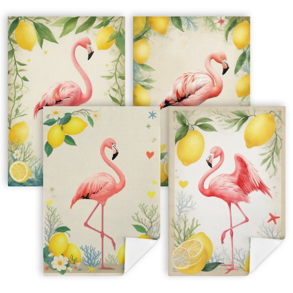 summer bathroom towels A pink flamingo standing in front of lemons and starfish camping kitchen towels 4-Pack 16 by 24 Inch farmhouse kitchen decor