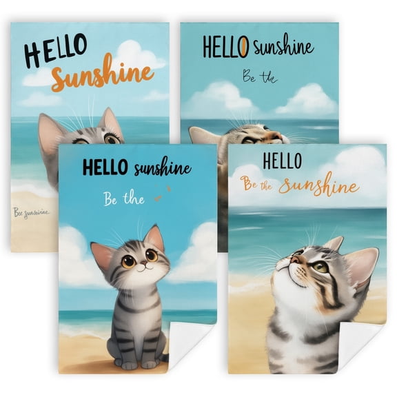 summer bathroom towels A cat looking up at the sky with the words hello sunshine dish drying towels for kitchen absorbent Pack of 4 16 x 24 Inches cottage core home