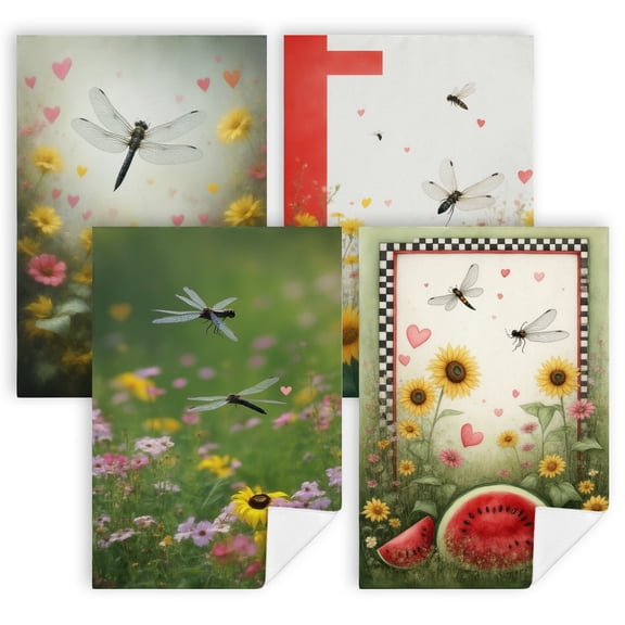summer bathroom towels A dragonfly flying over a field of flowers and a bee absorbent dish towels for kitchen Pack of 4 16 x 24 Inches dish towels for kitchen decorative