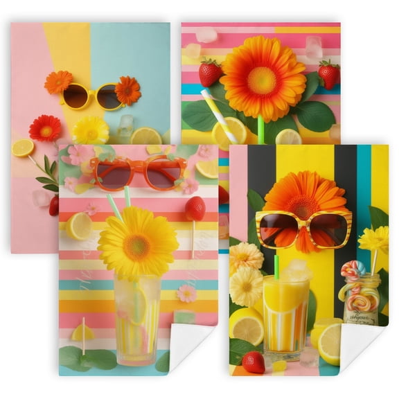 summer bathroom towels A glass of lemonade with a straw and flowers on a colorful background grandma kitchen towel 4-Pack 16 by 24 Inch decorative bathroom hand towels