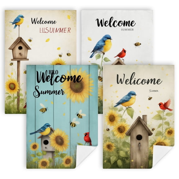 summer dish towels A bird sitting on top of a birdhouse next to a field of sunflowers pano de prato Set of 4 16x24 Inch decorations for kitchen