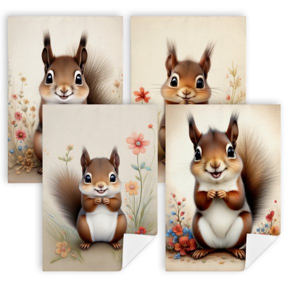 summer dish towels A cute little squirrel sitting in a field of flowers kitchen hand towel Set of 4 16x24 in kitchen decor towels