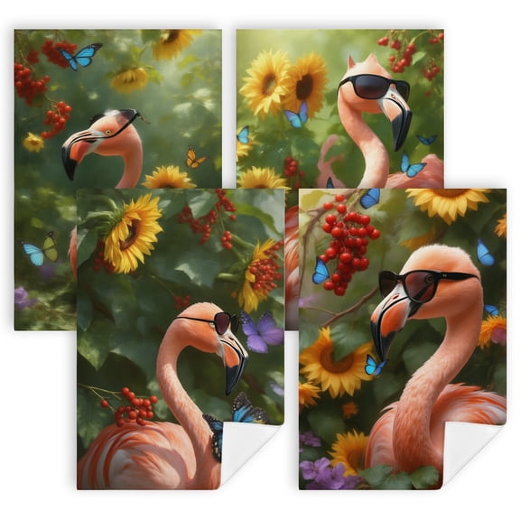 summer dish towels A pink flamingo with sunglasses sitting in a field of flowers hand towel sets Set of 4 16x24 Inch cottage core kitchen decor