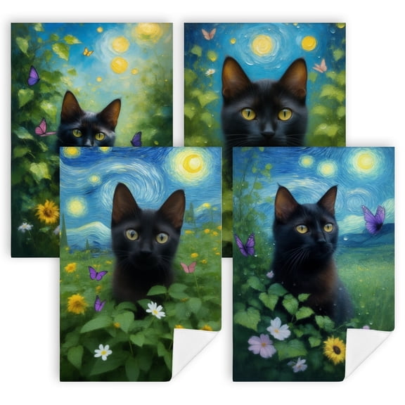 summer dish towels for kitchen A painting of a black cat sitting in a field of flowers kitchen cloths 4 Pcs 16x24 in adornos para cocina