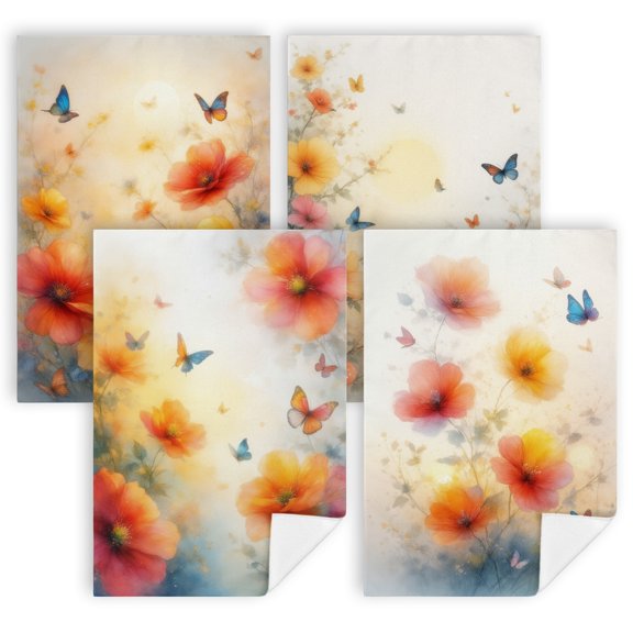 summer dish towels for kitchen A painting of flowers and butterflies on a white background handtowels Pack of 4 16 x 24 Inches hand towels decorative