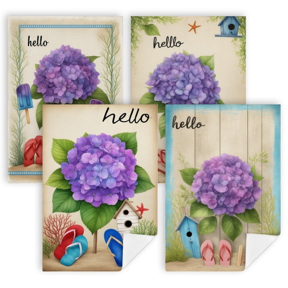 summer dish towels for kitchen A picture of a purple hydrangea and popsicles on the beach towel for kitchen Set of 4 16x24 Inch lake house decor