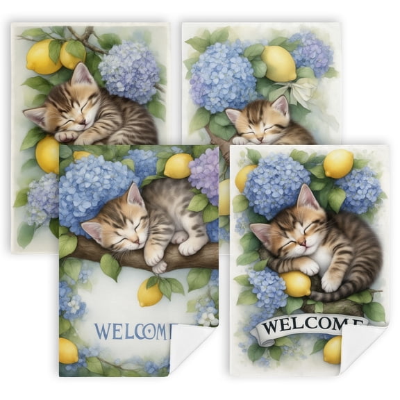 summer dish towels for kitchen A kitten sleeping on a branch of a tree with lemons and hydrangeas kitchen towles Set of 4 16x24 Inch cottage core kitchen decor