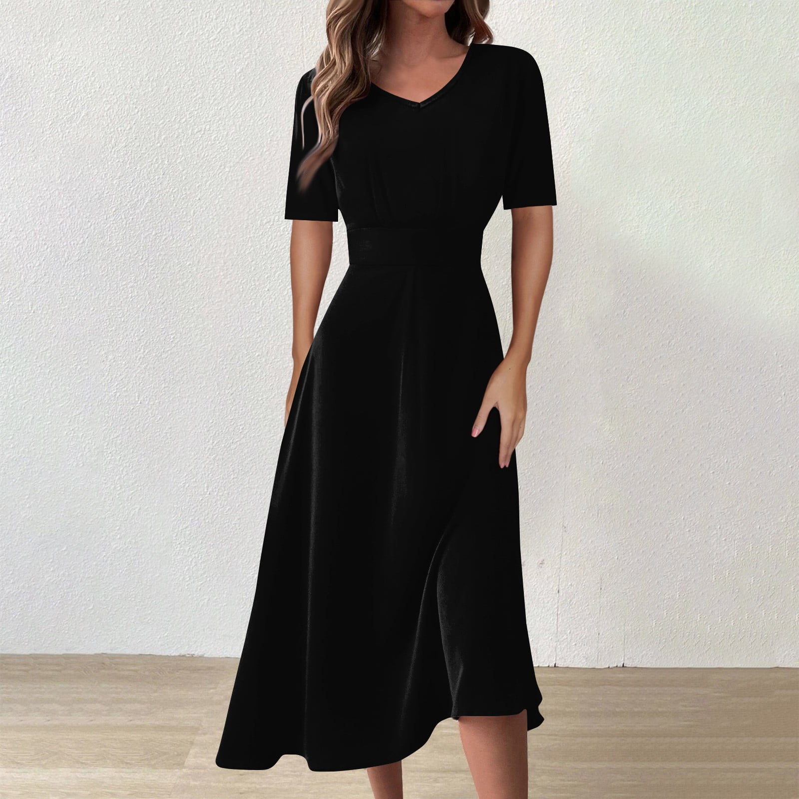 formal wedding guest dresses summer 2024 for women dresses for women Ladies Casual Fashion Solid Color V-Neck Short Sleeve Waist Long Swing Dress best sundresses for women Black Venetian S Anarkali with pearl lace