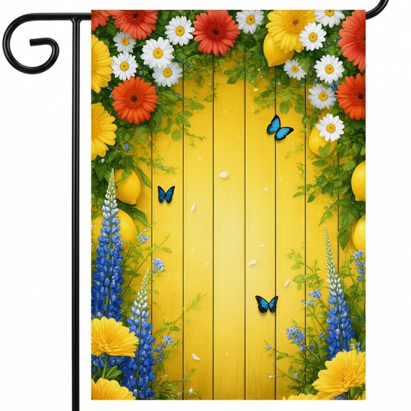 summer flag 28x40 A yellow wooden background with flowers and lemons. ... summer garden decoration Full Size 28x40" Flag for Patio Porch Display