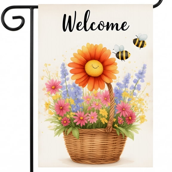 summer flag A basket full of flowers and a bee with a smiley face. Welcome yard decor 28x40 Inch for Family Gathering Decor