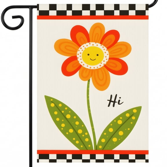 summer flag A flower with a smiley face on a checkered background. Hi 28x40 garden flag 28 x 40 Inch Classic Size for Hospitality Greeting Sign