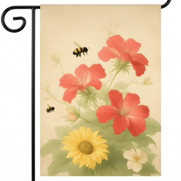 summer flag garden A drawing of flowers and bees on a beige background. - garden flag decoration 28 x 40 Inch Garden Banner for Pool Side Decor