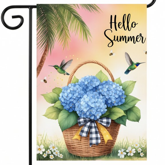 summer flag outdoor A basket of blue hydrangeas with a ribbon tied around it. Hello Summer flag decorations Large 28x40" Home Flag for Gardener Gift Idea