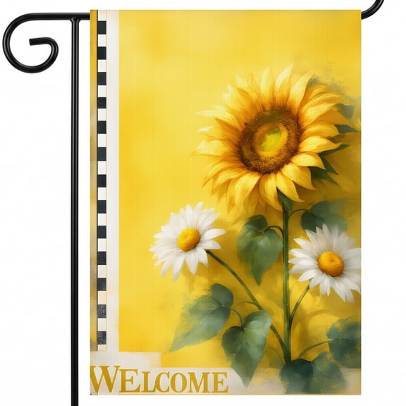 summer flag outdoor A painting of a sunflower and two daisies on a yellow background. WELCOME outdoor flag large Standard 28x40 Inch Format for Farmhouse Yard Decor
