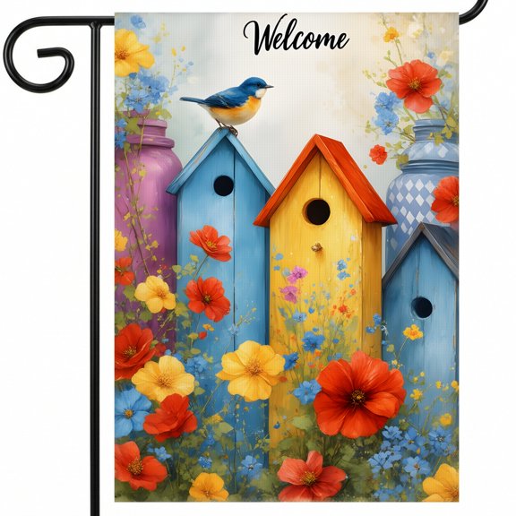 summer flags A bird sitting on top of a colorful birdhouse surrounded by flowers. Welcome summer garden decor Standard 28x40" House Flag for Mailbox Post Decor