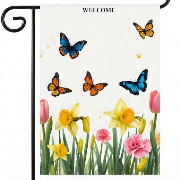 summer flags garden A group of butterflies flying over a field of flowers. WELCOME flag 28x40" Vertical Decor Size for Garden Fence Decor