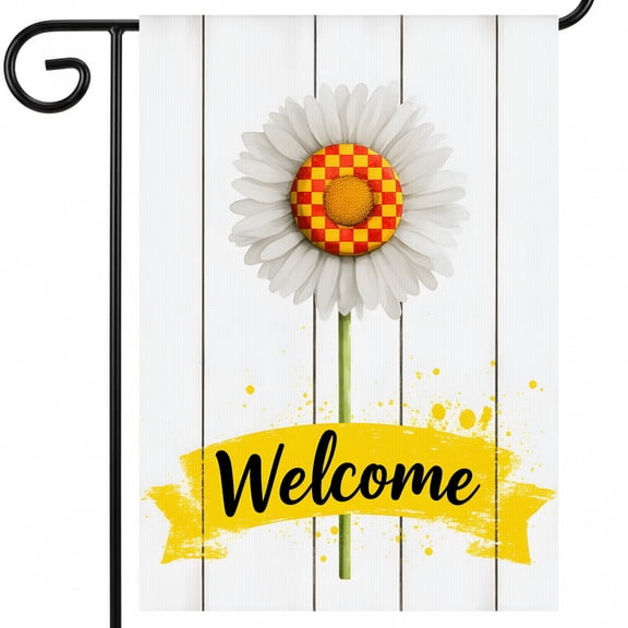 summer flags for outside A white daisy with a yellow and red checkered center on a wooden background. Welcome outside flags Full Size 28x40" Flag for Sunroom Exterior Decor