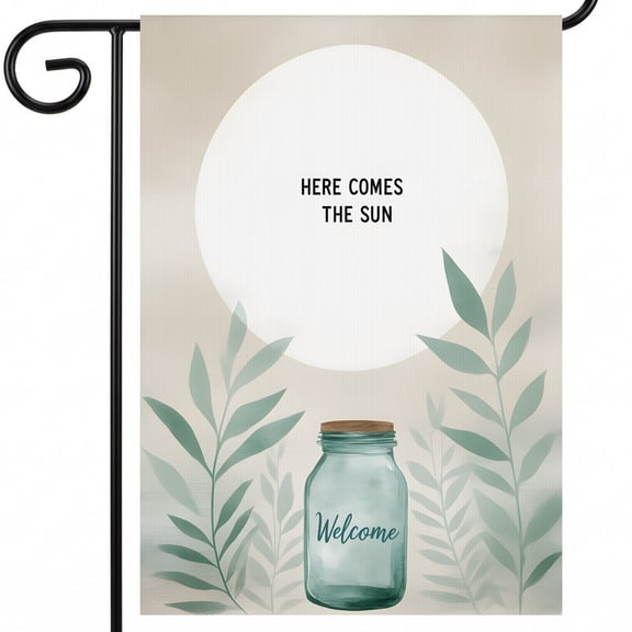 summer garden flag 28x40 A glass jar with a cork lid sitting on top of a table. HERE COMES THE SUN Welcome campsite flag Large 28x40" Outdoor Flag for Deck Railing Display